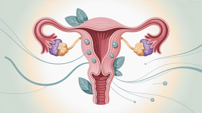 Ilustrasi kesehatan reproduksi wanita dengan gambar organ reproduksi dan simbol kesehatan