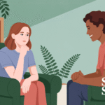 Ilustrasi konseling dengan seorang konselor dan klien berbicara