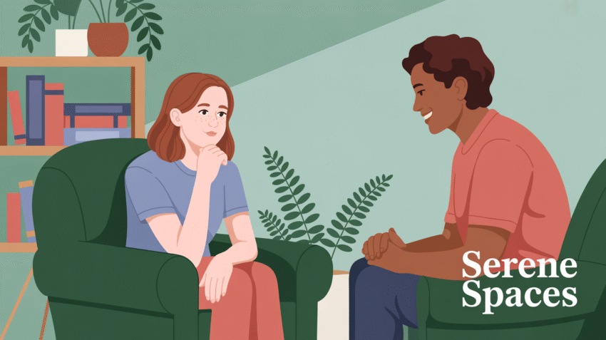 Ilustrasi konseling dengan seorang konselor dan klien berbicara