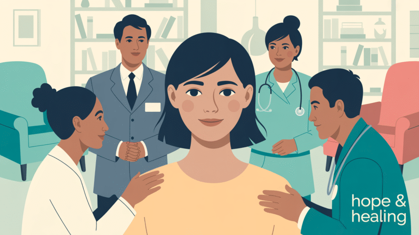 Ilustrasi perawatan skizofrenia dengan tim medis dan pasien dalam lingkungan yang mendukung