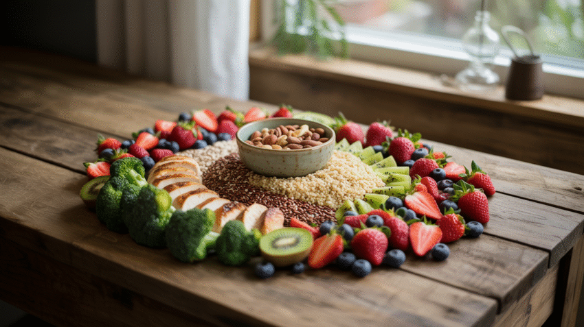 Berbagai jenis makanan sehat yang disusun rapi di atas meja kayu