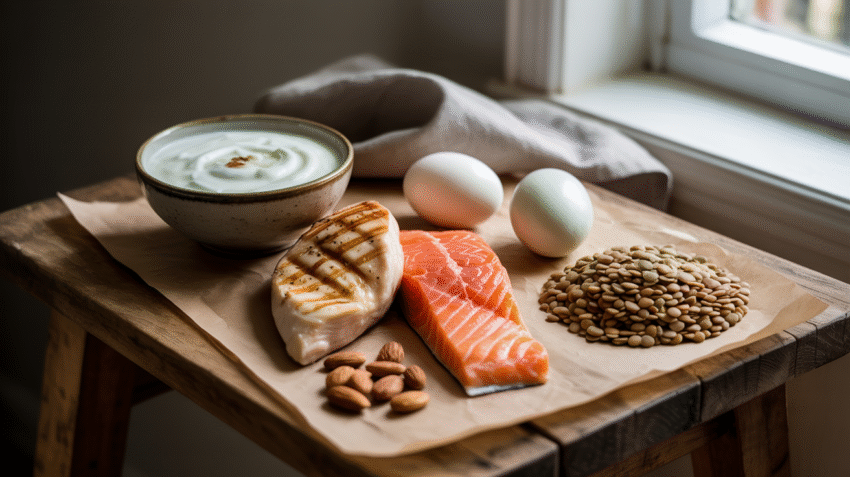 Berbagai makanan berprotein tinggi seperti daging, ikan, telur, dan kacang-kacangan disusun rapi