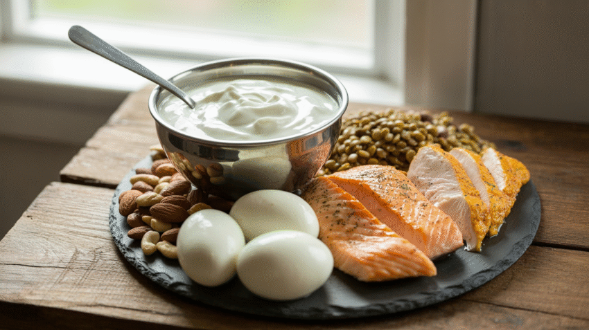 Berbagai makanan sumber protein tinggi seperti daging, ikan, telur, dan kacang-kacangan