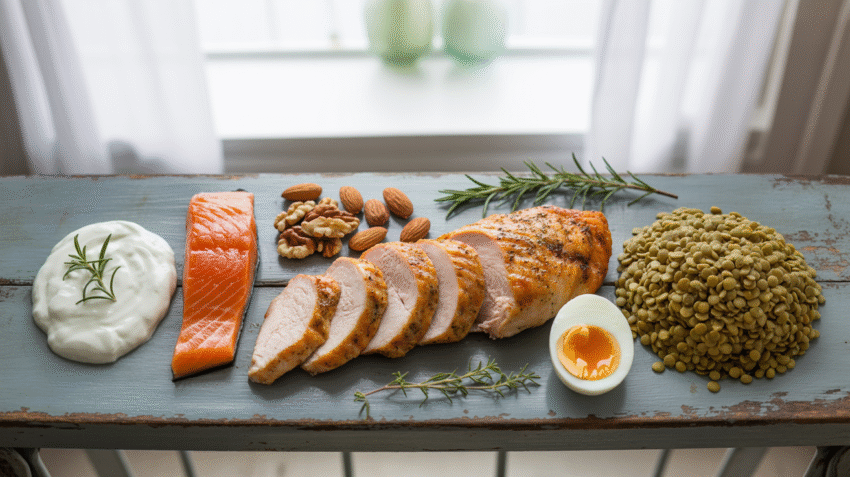 Berbagai makanan berprotein tinggi seperti daging, telur, kacang-kacangan, dan ikan yang disusun menarik di atas meja kayu