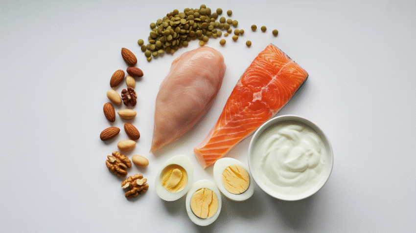 Berbagai makanan tinggi protein seperti daging, telur, kacang-kacangan, dan ikan