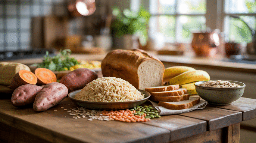 Berbagai jenis makanan sumber karbohidrat sehat seperti nasi, roti, kentang, dan buah-buahan