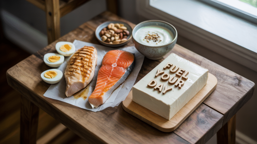 Berbagai makanan sumber protein tinggi seperti daging, telur, kacang-kacangan, dan ikan