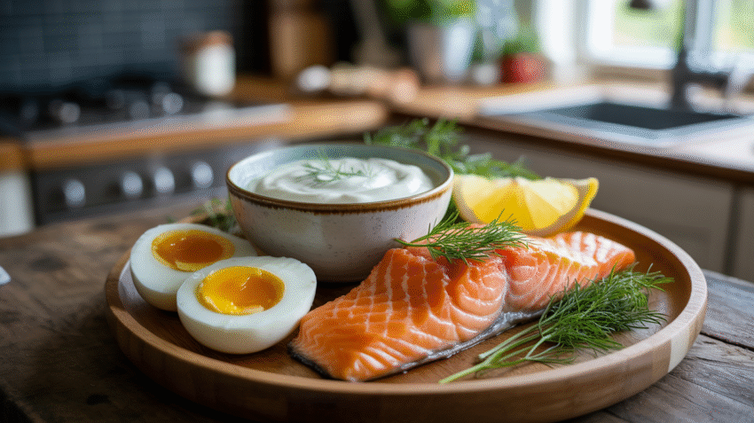Makanan yang mengandung vitamin D seperti ikan salmon dan telur