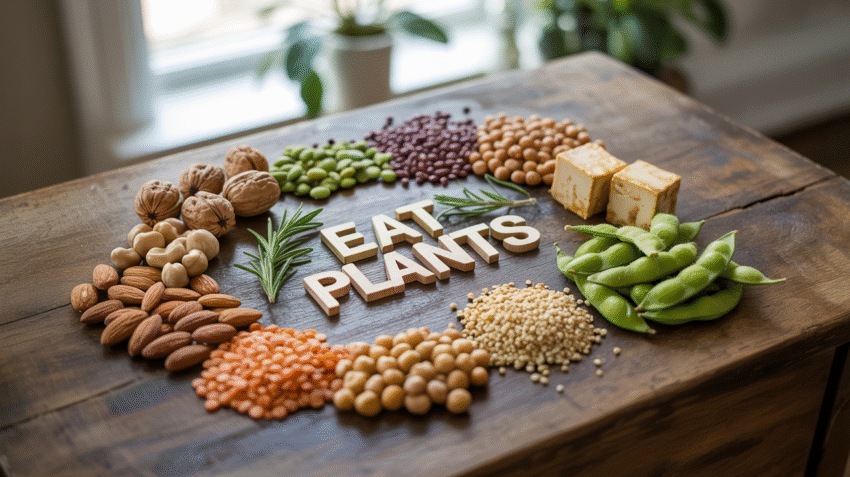Berbagai makanan protein nabati seperti kacang-kacangan, tahu, tempe, dan biji-bijian