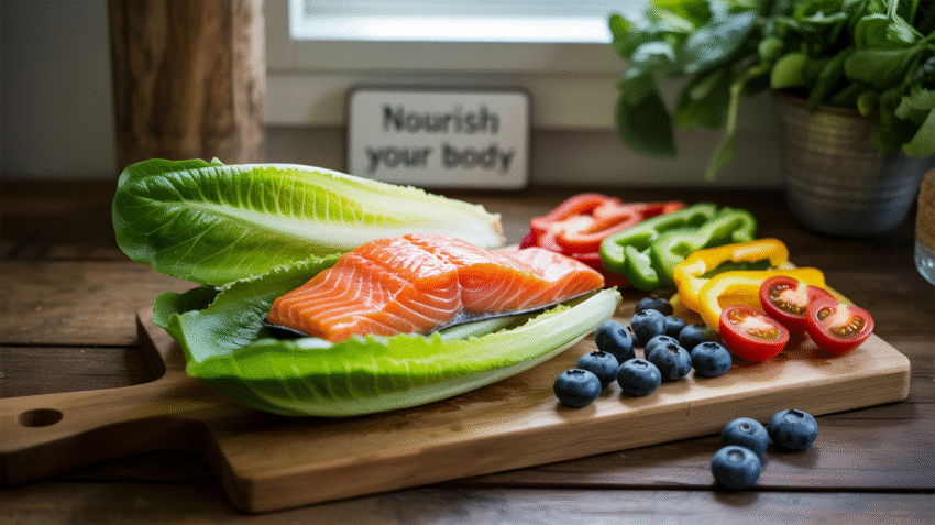 Gambar makanan sehat seperti buah-buahan, sayuran, dan ikan