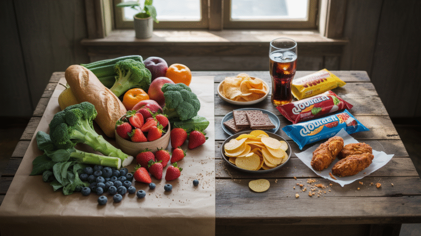 Perbandingan visual makanan sehat dan tidak sehat di atas meja kayu