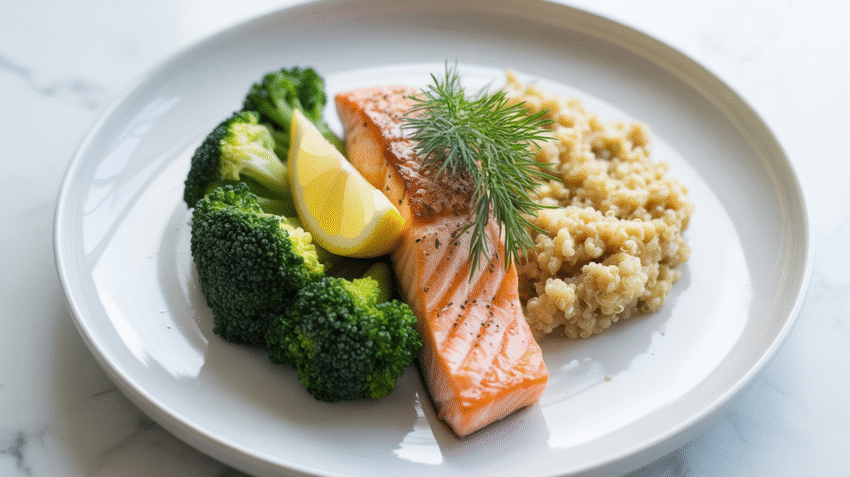 Makanan sehat untuk diet, piring berisi sayuran segar dan ikan