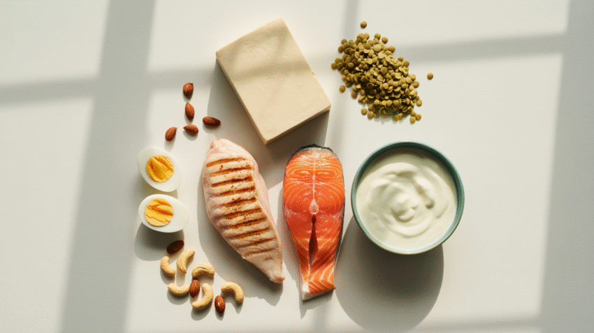 Berbagai makanan sumber protein tinggi seperti daging, telur, ikan, kacang-kacangan, dan susu