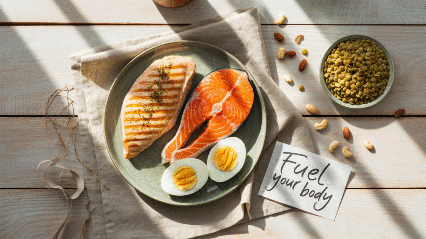 Berbagai makanan tinggi protein untuk diet seperti daging ayam, ikan, telur, dan kacang-kacangan