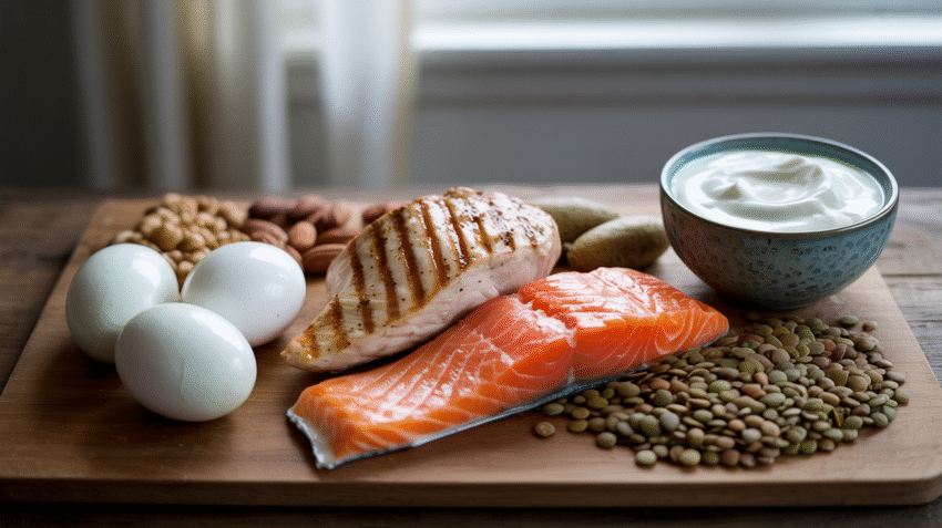 Berbagai makanan tinggi protein seperti daging, telur, kacang-kacangan, dan ikan segar
