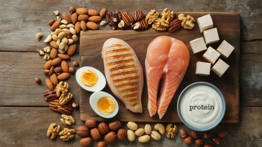 Berbagai makanan sumber protein tinggi seperti daging, telur, kacang-kacangan, dan ikan