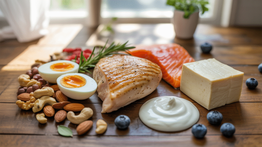 Berbagai makanan sumber protein tinggi seperti daging, telur, kacang-kacangan, dan ikan