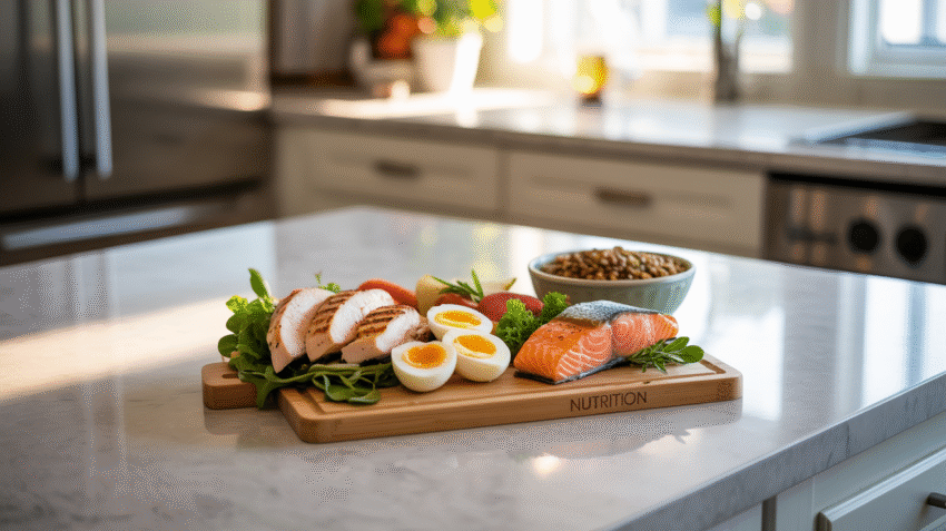 Makanan yang mengandung protein tinggi seperti ayam, ikan, telur, dan kacang-kacangan