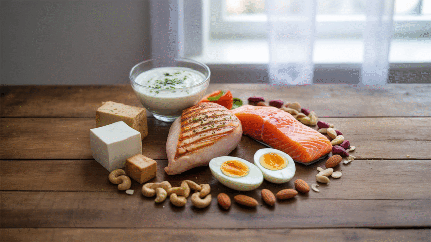 Berbagai makanan sumber protein tinggi seperti daging, telur, kacang-kacangan, dan ikan