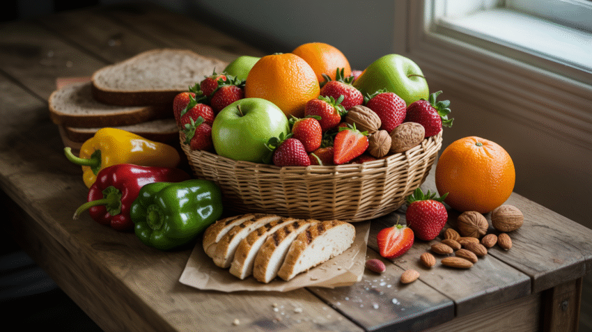 Berbagai jenis makanan sehat yang disusun rapi di atas meja kayu