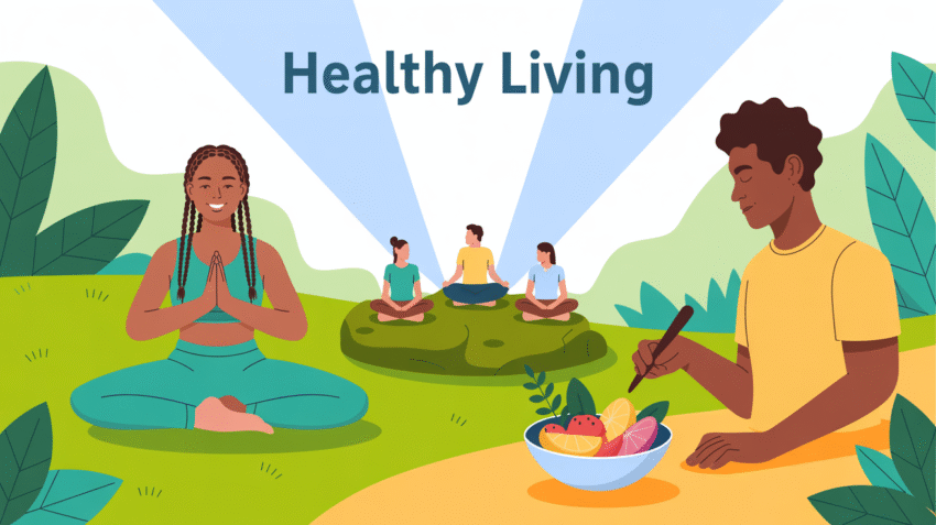 Ilustrasi pola hidup sehat dengan orang berolahraga, makan sehat, dan meditasi