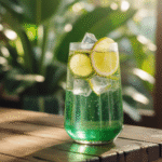 Segelas air kelapa ijo segar dengan es batu dan irisan lemon di atas meja kayu