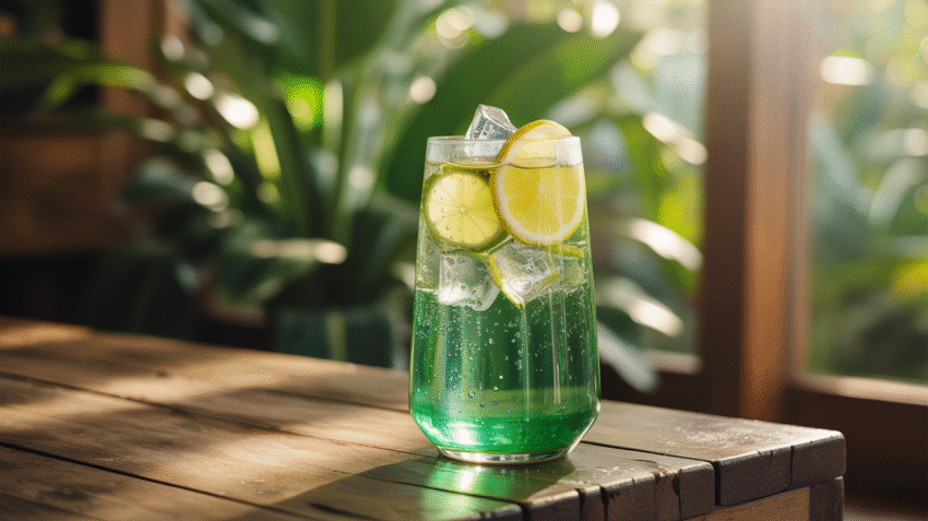 Segelas air kelapa ijo segar dengan es batu dan irisan lemon di atas meja kayu