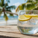 Segelas air kelapa muda segar dengan es batu dan irisan lemon di atas meja kayu