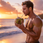 Pria sehat minum air kelapa segar di pantai