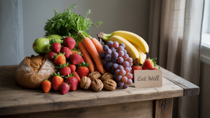Berbagai jenis makanan sehat seperti buah, sayuran, dan biji-bijian yang disusun menarik