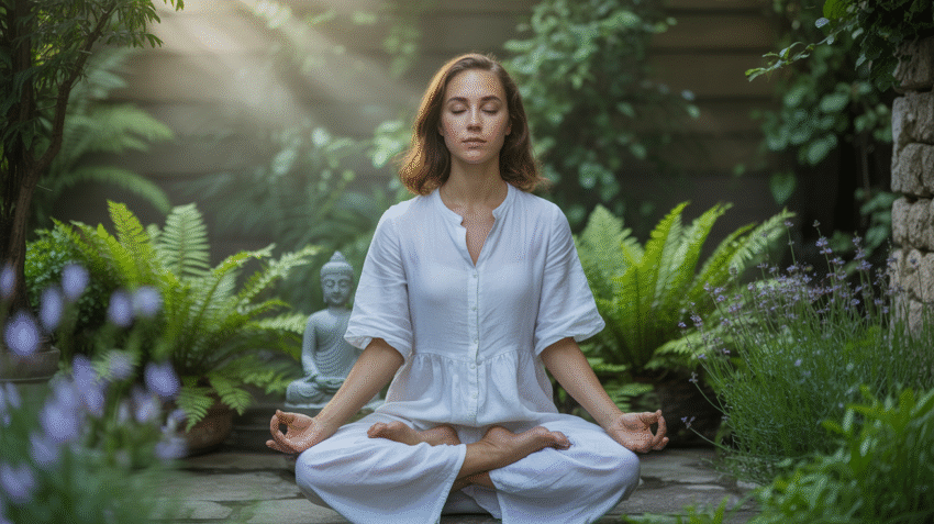 Wanita sedang bermeditasi dengan pose lotus di taman yang tenang dan damai