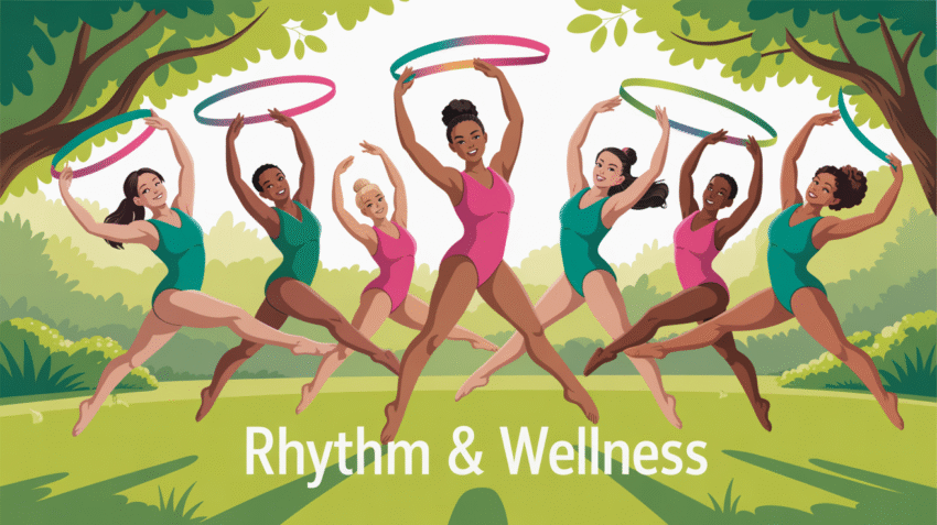 Wanita sedang melakukan senam irama di taman dengan latar hijau