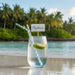 Ilustrasi segar air kelapa dalam gelas dengan latar belakang tropis