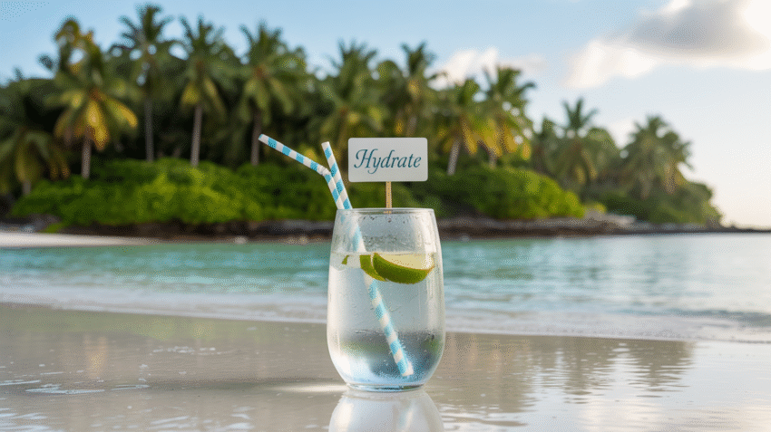 Ilustrasi segar air kelapa dalam gelas dengan latar belakang tropis