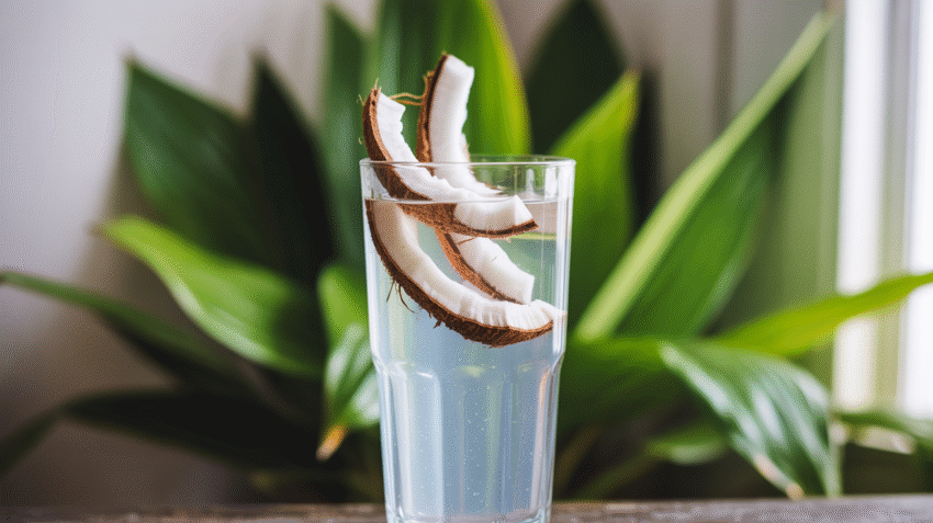 Segelas air kelapa tua segar dengan potongan kelapa di sampingnya