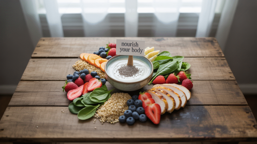 Menu makanan diet sehat dengan variasi sayuran, buah, dan protein