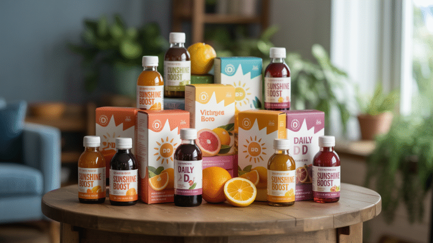 Berbagai minuman vitamin D dalam botol dan kemasan menarik di atas meja kayu