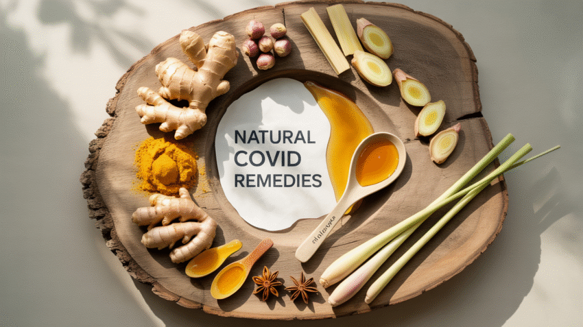 Koleksi tanaman herbal tradisional untuk obat alami COVID di atas kayu alami