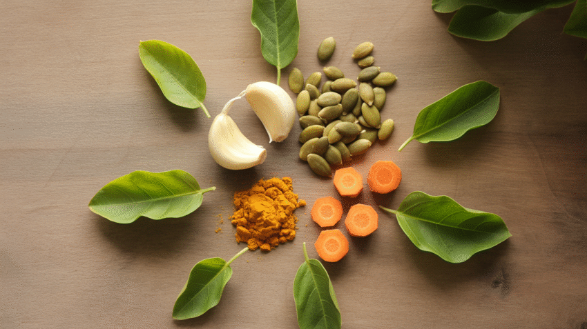 Berbagai bahan alami untuk obat cacing seperti bawang putih, biji labu, dan daun pepaya