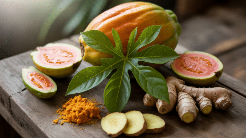 Berbagai bahan alami untuk obat demam berdarah seperti jambu biji, daun pepaya, dan kunyit