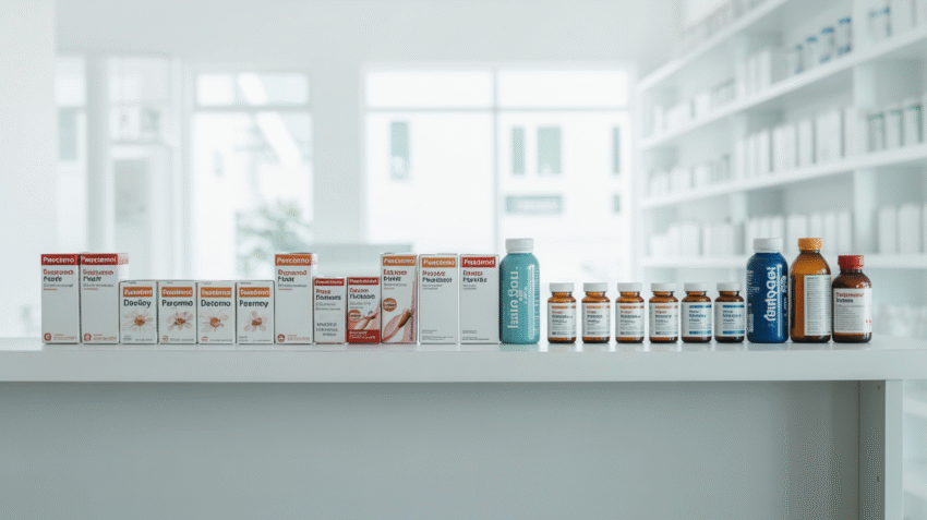 Berbagai obat demam berdarah yang tersedia di apotik dengan latar bersih