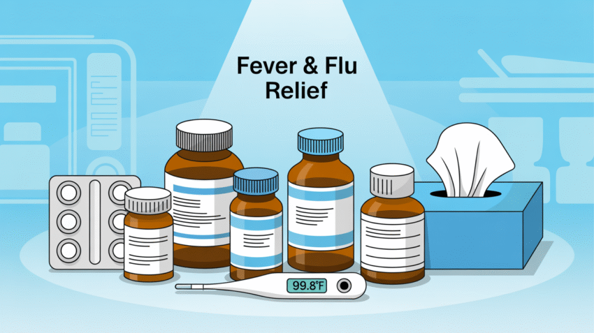 Koleksi obat demam dan flu dengan latar belakang medis yang bersih