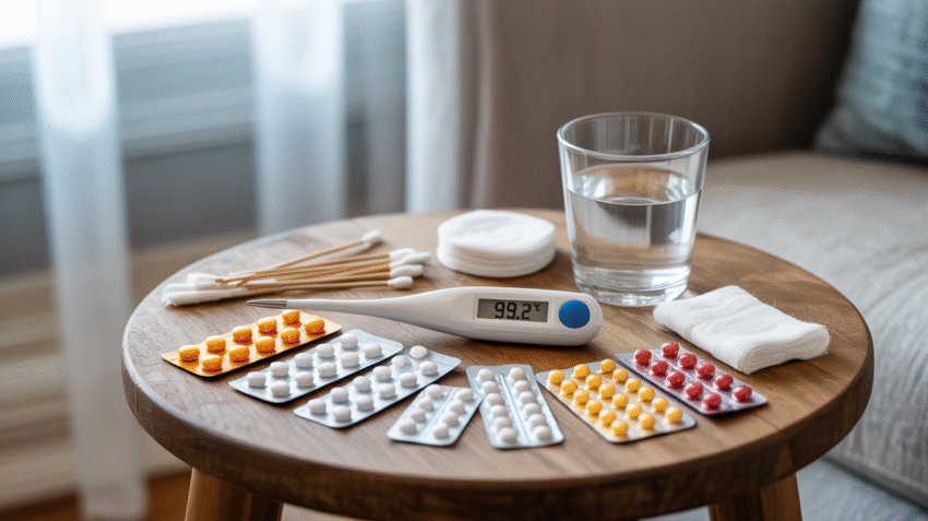 Obat demam menggigil dan termometer di atas meja