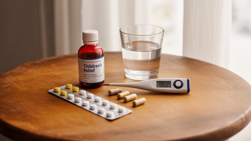 Berbagai jenis obat flu dan demam dengan termometer dan gelas air