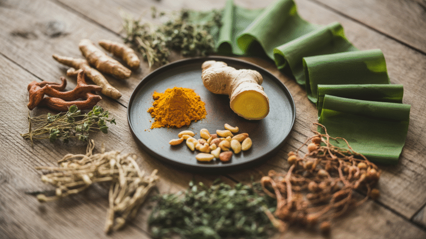 Berbagai bahan alami untuk obat gondok tradisional di atas meja kayu