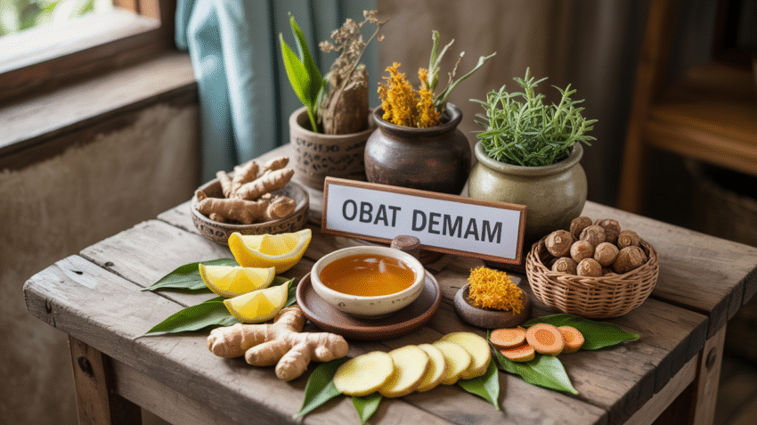 Obat herbal demam tradisional dengan berbagai rempah dan tanaman obat