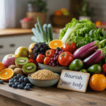 Berbagai jenis makanan sehat yang disusun rapi di atas meja kayu