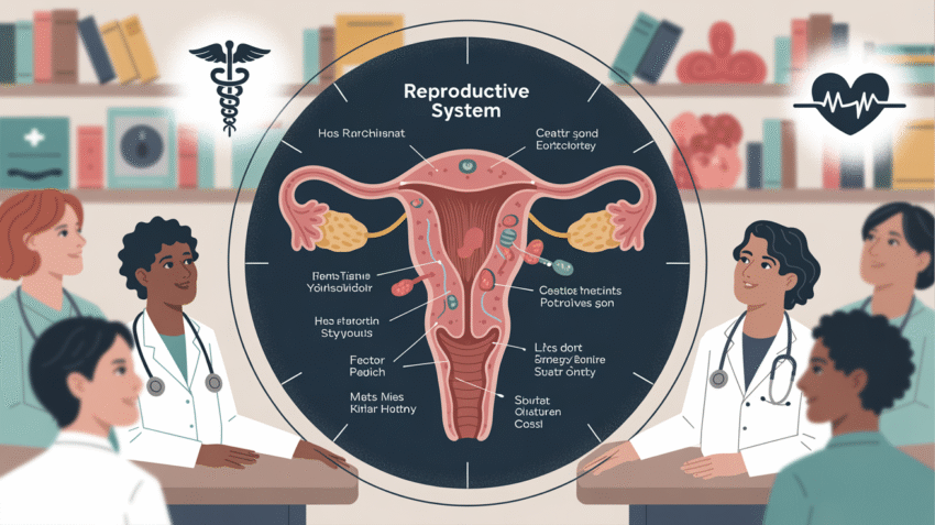Ilustrasi kesehatan reproduksi yang menunjukkan diagram sistem reproduksi manusia dengan penjelasan visual