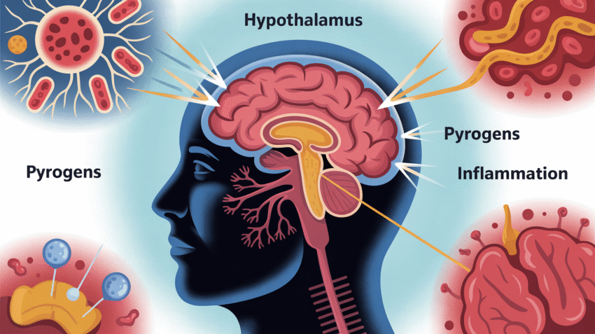 Ilustrasi patofisiologi demam menunjukkan mekanisme hipotalamus dan proses inflamasi