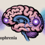 Ilustrasi patofisiologi skizofrenia menunjukkan otak manusia dengan neurotransmitter dan koneksi saraf